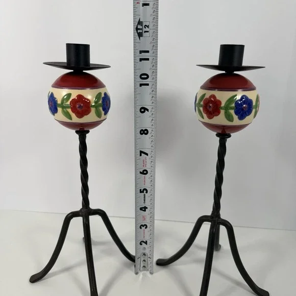 Jim Shore Candlestick Set Wrought Iron Folk Art Floral Ceramic Ball Red and Blue - Picture 8 of 10